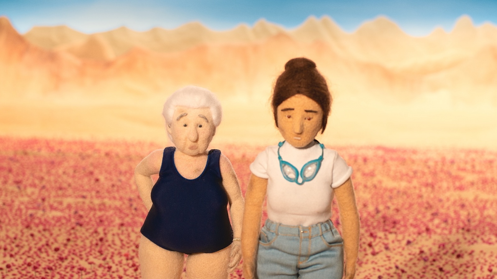 eng: Doll grandmother and woman in the middle of a flower field.